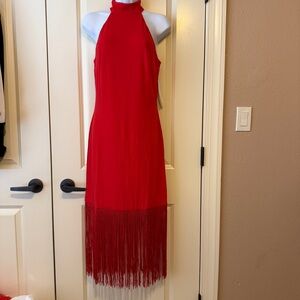 VENUS Red Backless Fringe Dress